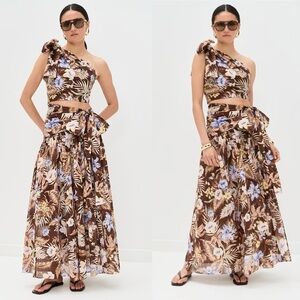 2 pc Set Zimmermann Coco Floral Maxi Skirt One Shoulder Pleated Bow Matching